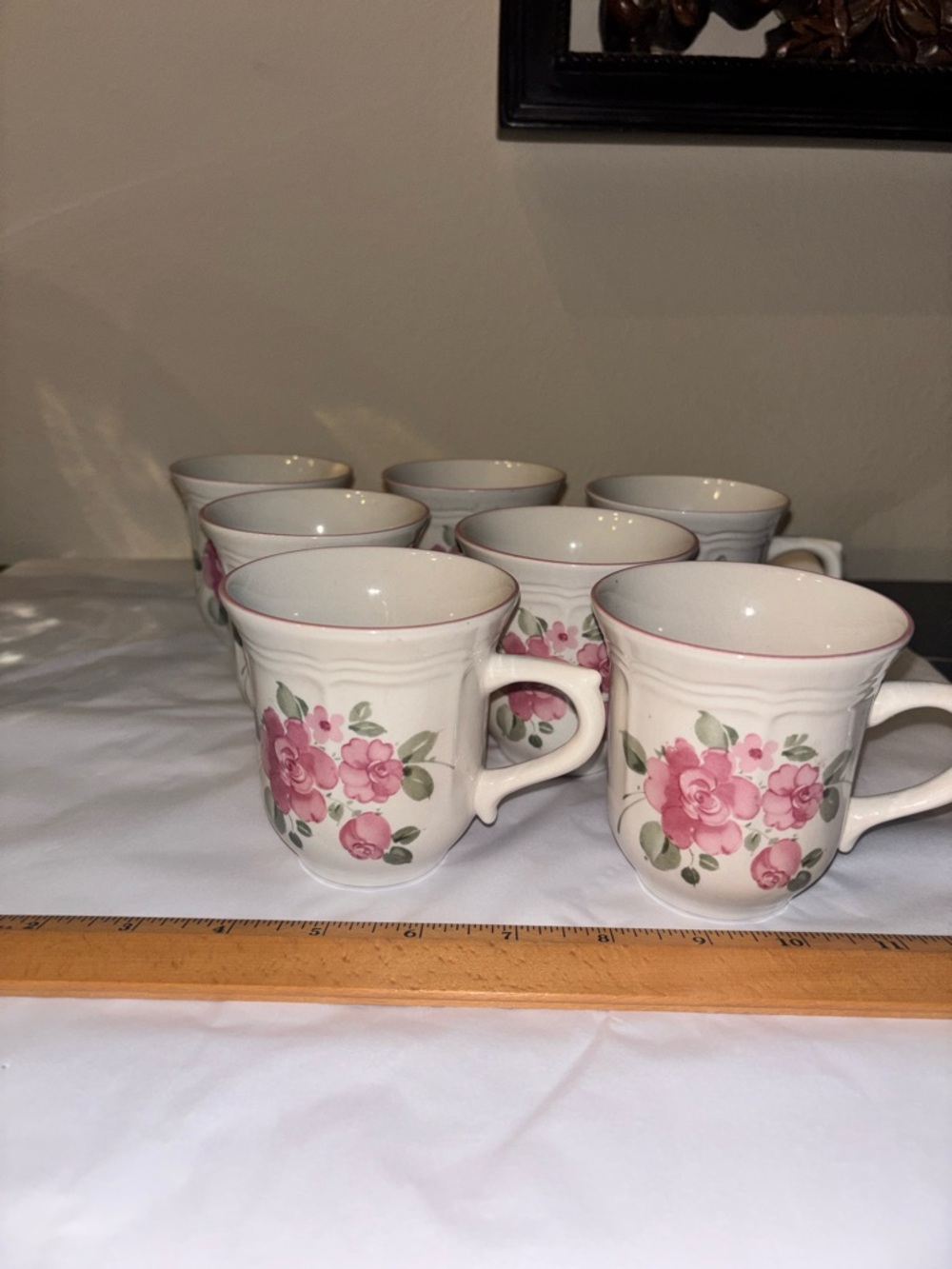 7 Gibson Roseland Tea Cups 8 oz.  Roses Genuine Stoneware White Pink Green